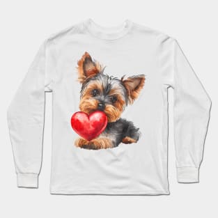 Valentine Yorkshire Terrier Holding Heart Long Sleeve T-Shirt